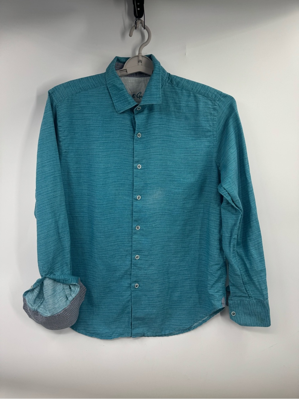 Robert Graham Contrast Flip Cuff Mens Linen Long Sleeve Shirt Size L Turquoise